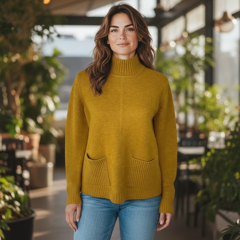 Marled women’s small mock neck patch pocket‎ sweater mustard gold